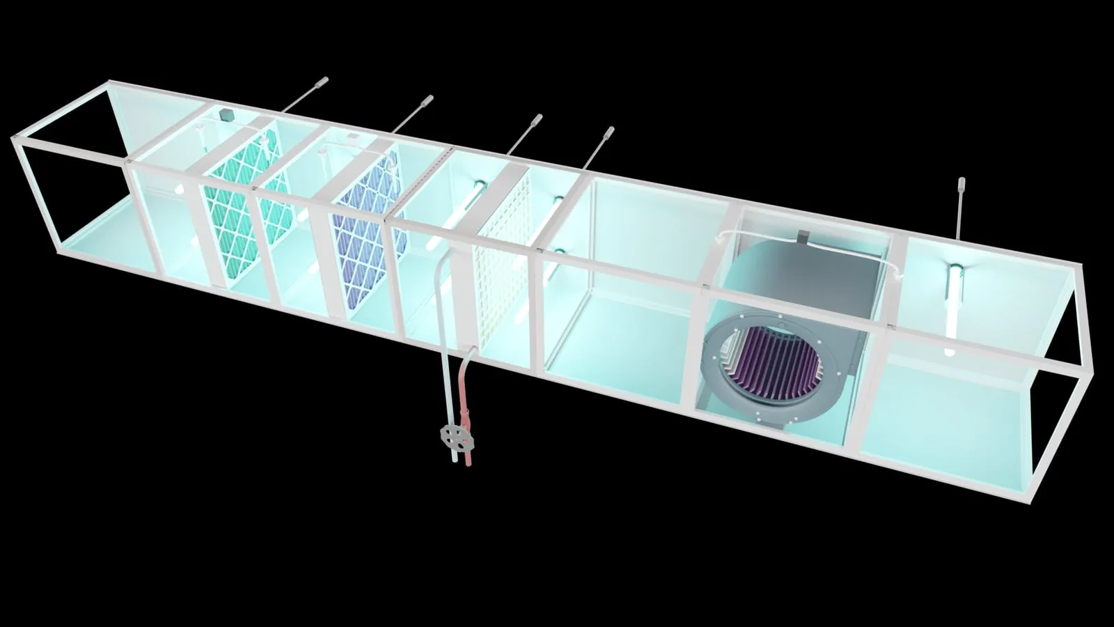 Rendering: air handling unit cutaway with UV-C lamps installed in the airstream