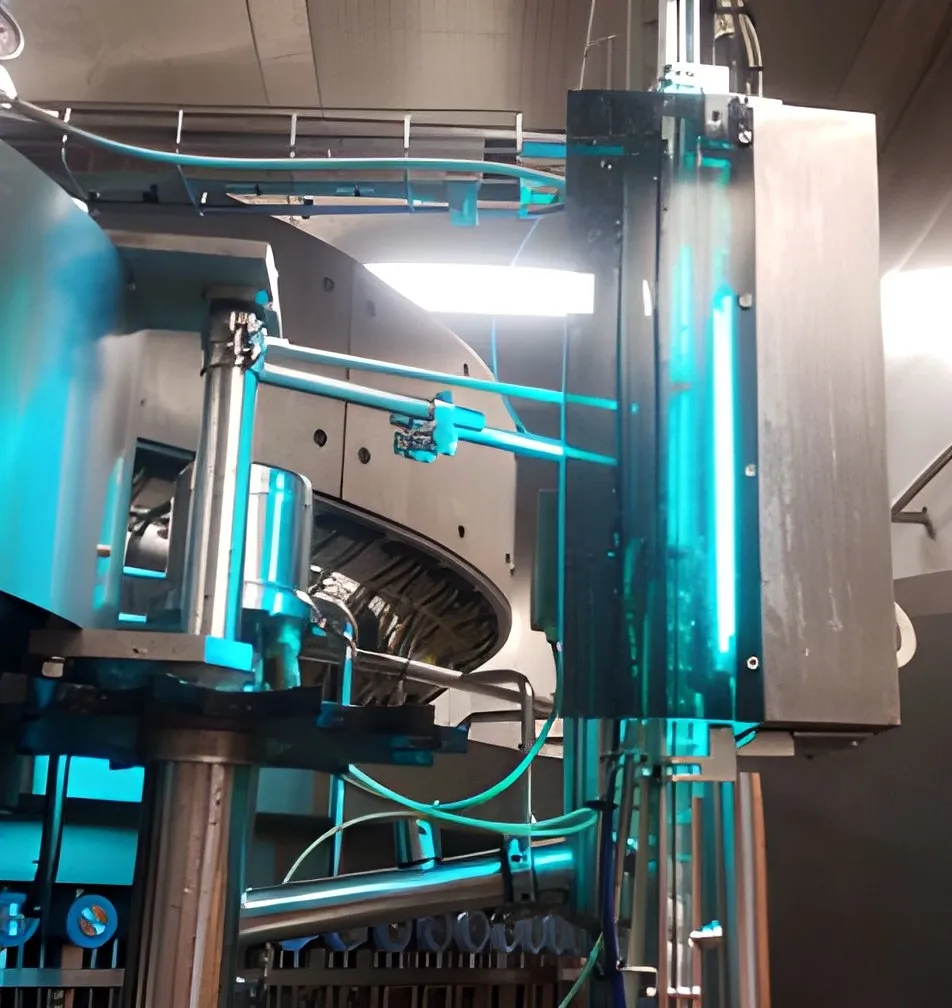 The UV-C fixture mounted on the bottling machinery, lamps lit