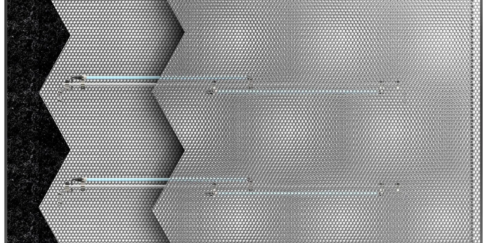 Rendering of a FreshFilter In-Wall unit: UV-C lamps across perforated treatment panels