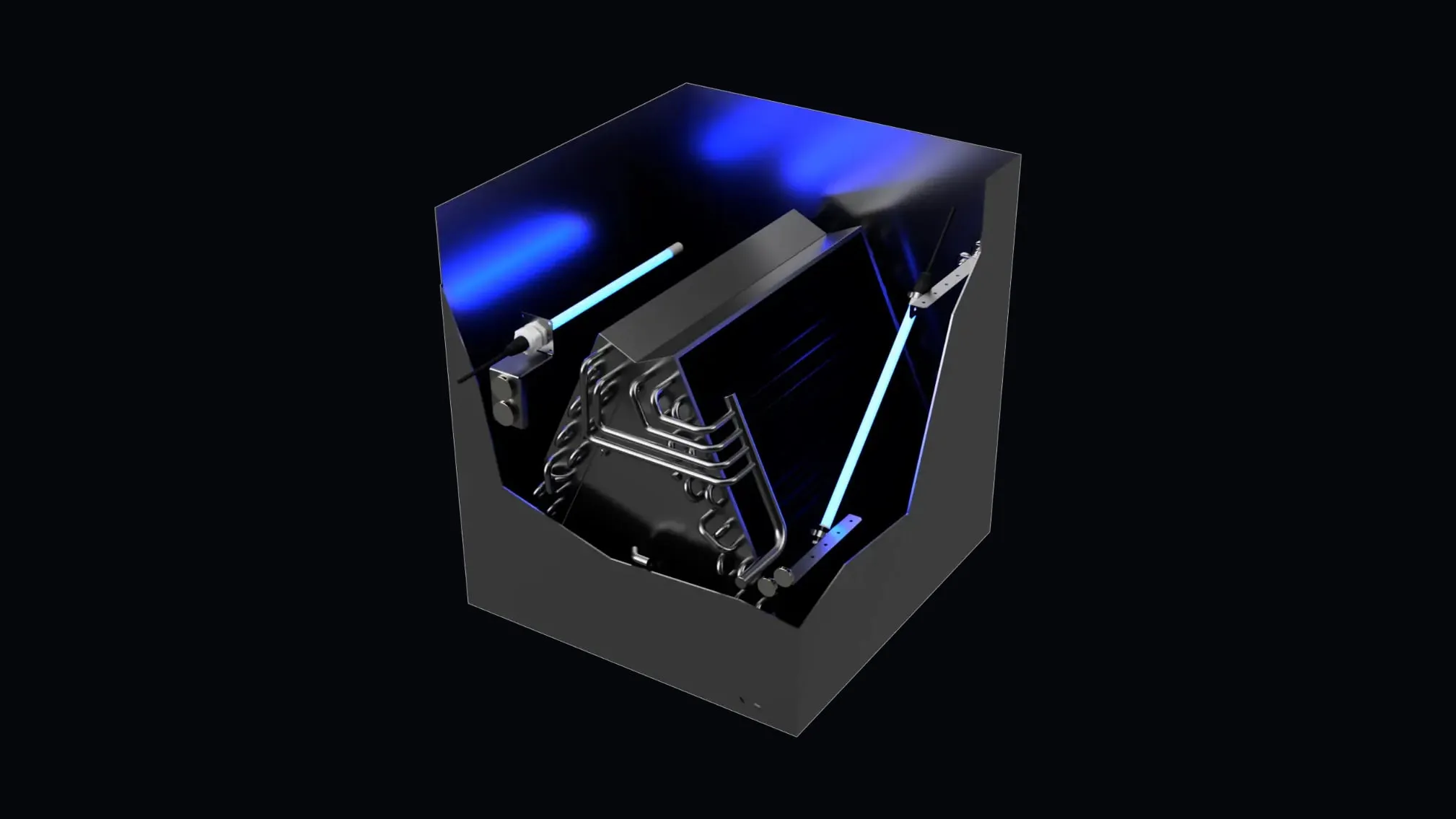Rendering: cutaway of a packaged HVAC unit with Cognituv FreshFilter-ME UV-C lamps at the coil