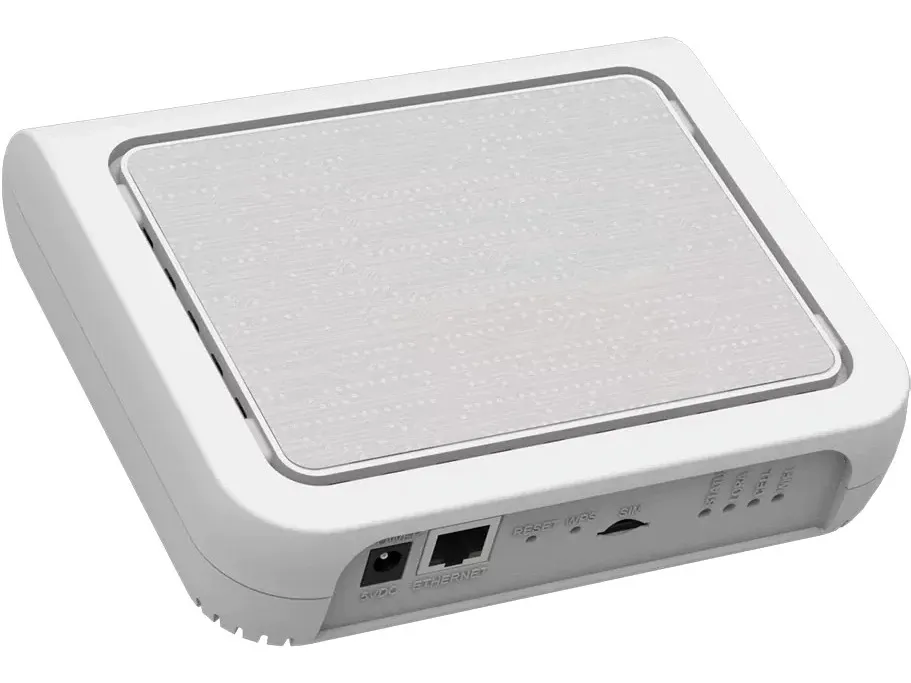 A white indoor Cognituv Connect gateway with Ethernet and power ports