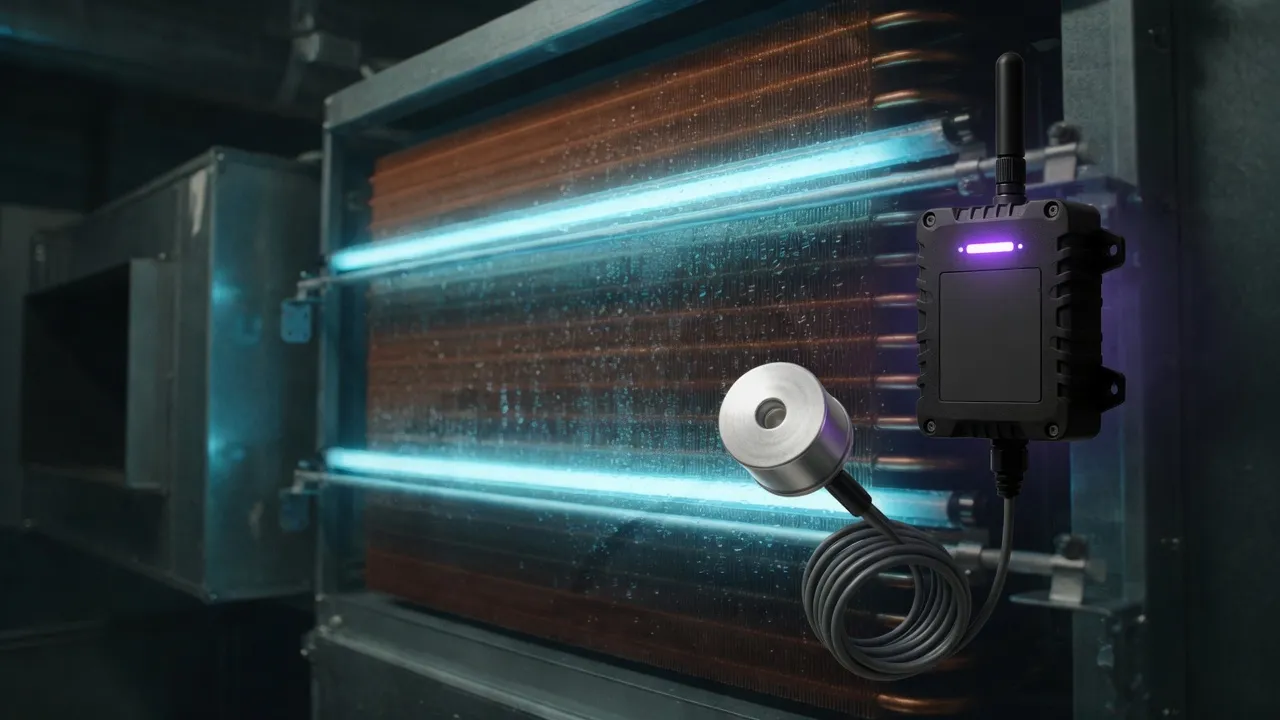 Rendering: Cognituv Grid UV-C lamps across a cooling coil, with a Cognituv Connect UV-C sensor