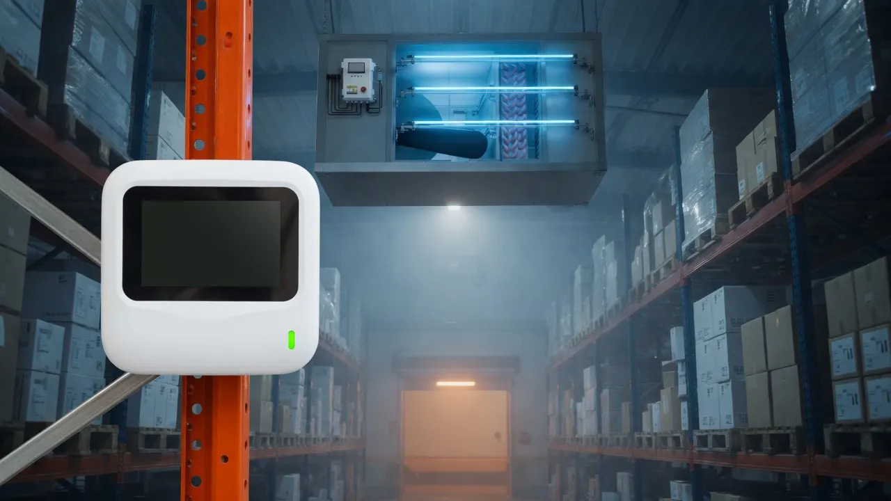 Rendering: UV-C lamps on a cold-storage evaporator coil, with a Cognituv Connect air-quality sensor