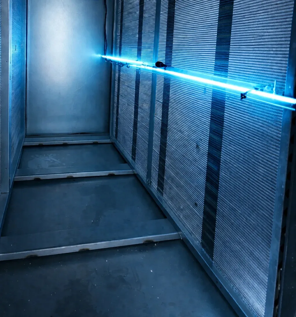 Cognituv Grid UV-C lamps lit across the cooling coil inside an air handler