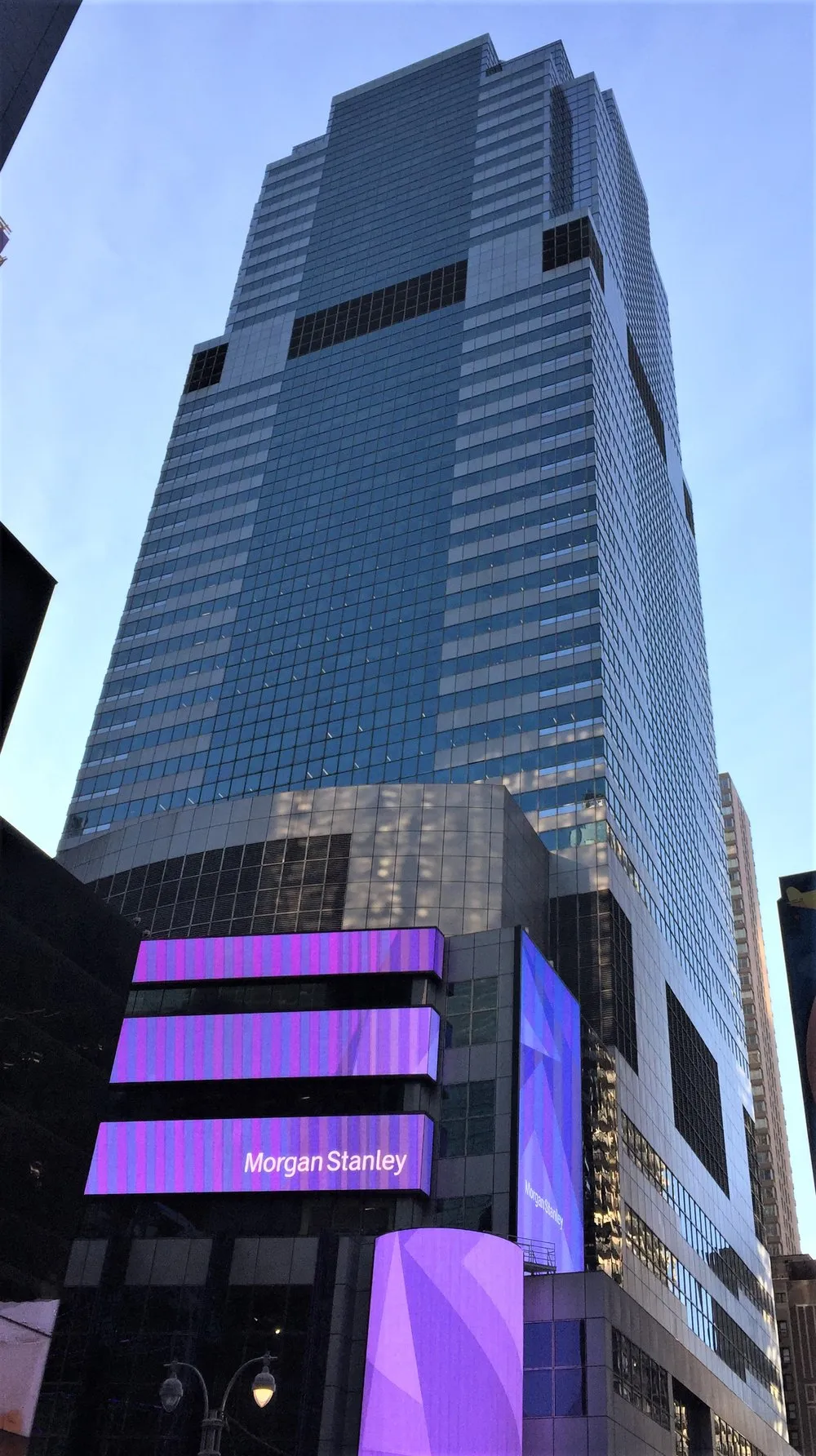 Morgan Stanley’s headquarters tower in Times Square, its name lit on the facade