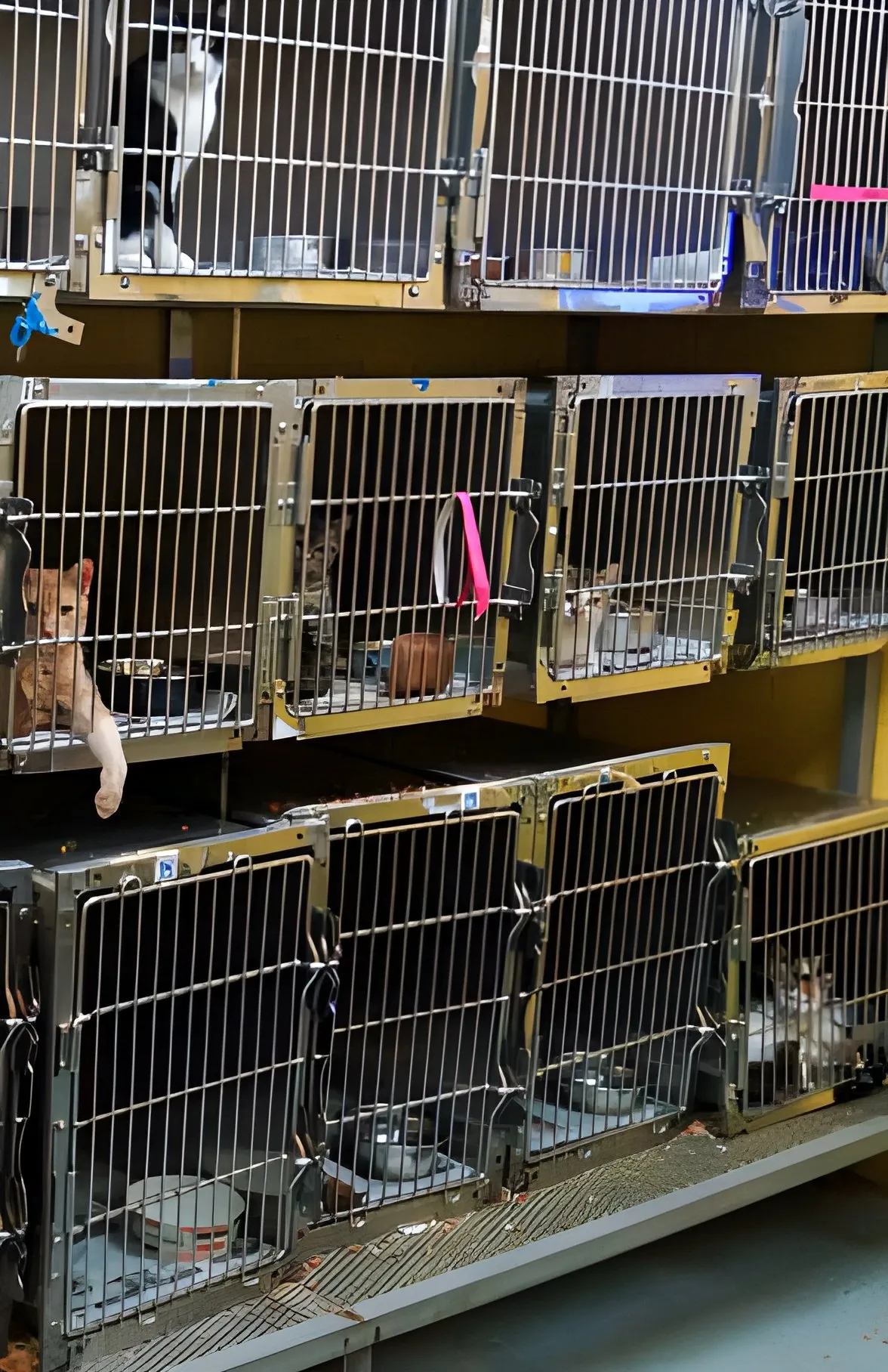 Cats in rows of kennels at the Nebraska Humane Society shelter