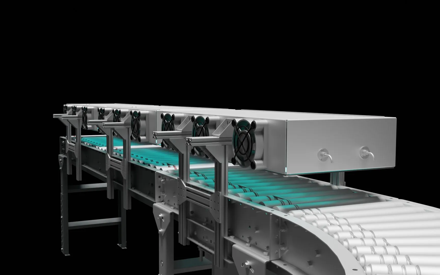 Rendering: a Cognituv UV-C Tunnel over a conveyor line