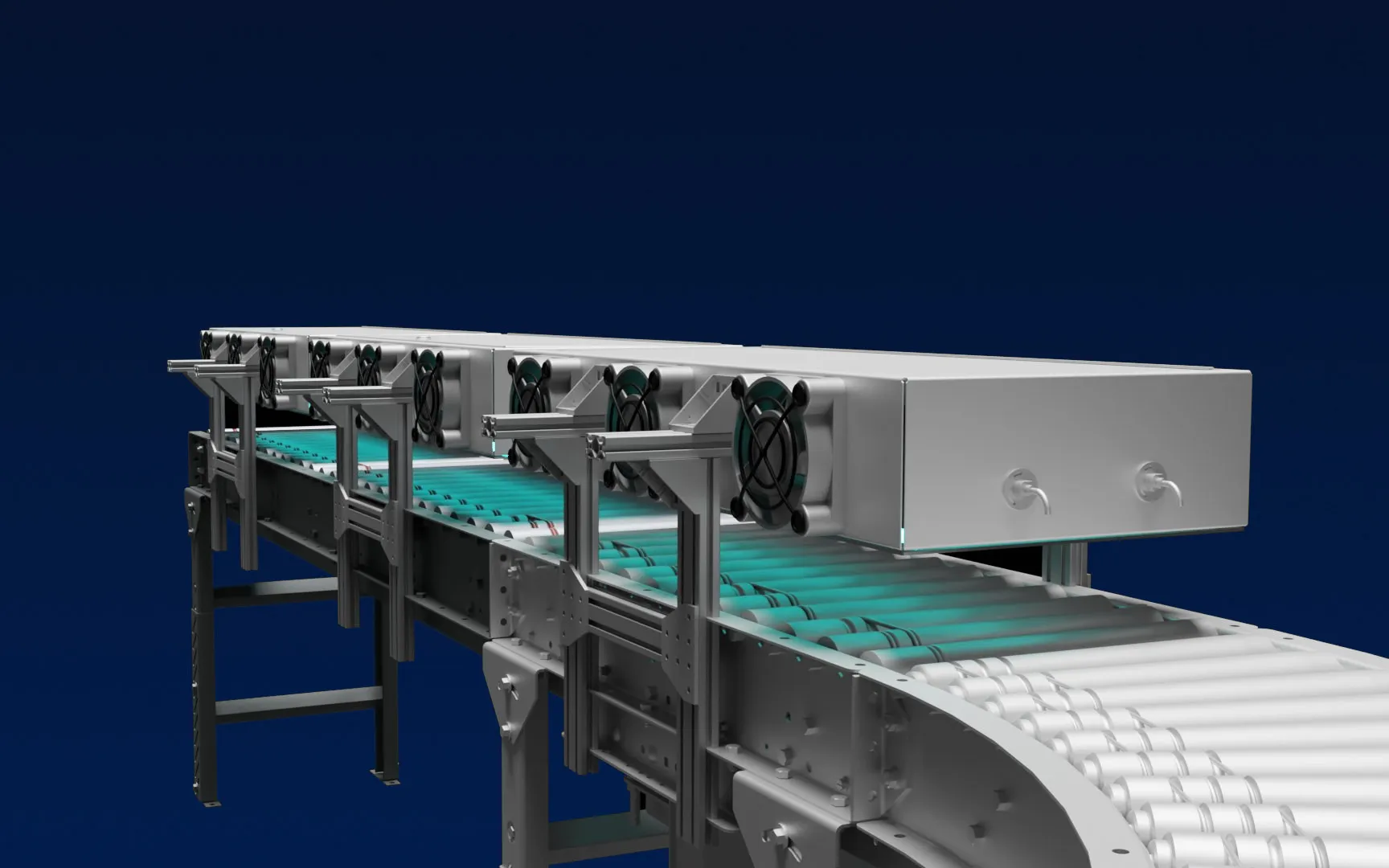 Rendering: a UV-C tunnel over a roller conveyor