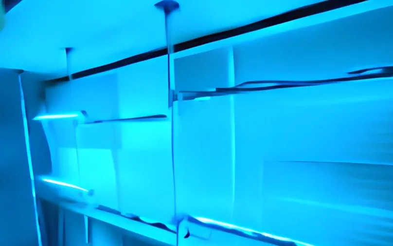 Cognituv Grid UV-C lamps lit inside one of the airport’s air handling units
