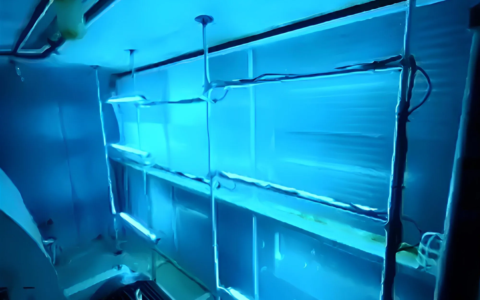 Cognituv Grid UV-C lamps lit inside one of the airport’s air handling units