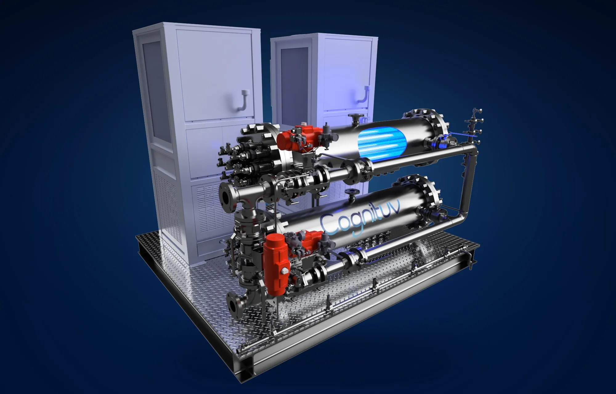 Rendering: the Premium Polisher skid, two stainless steel UV-C vessels with their valves and control cabinets