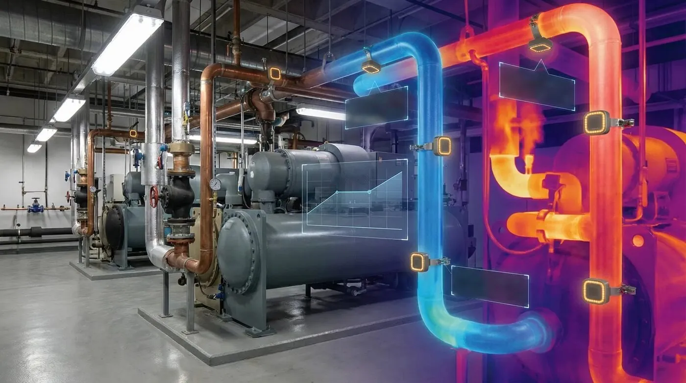 Rendering: a chiller plant with its pipework shown in thermal color